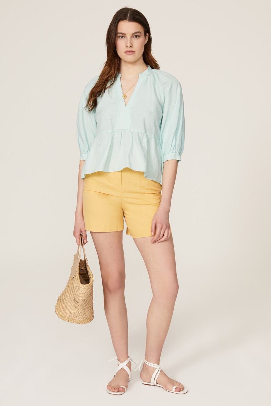 AMANDA UPRICHARD Light Blue Linen Blend Puff Sleeves Peplum Diego Top Size M